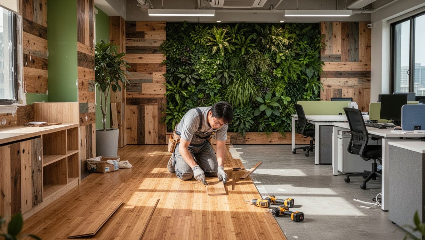 Contractor installs bamboo flooring in office with recycled wood panels, green living wall, and modular furniture.