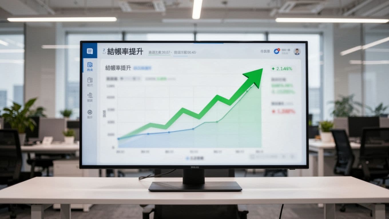 E-commerce data dashboard displaying checkout rate improvement chart with green upward arrow on modern empty office background, soft lighting, professional minimalist style, blurred charts, no text or logos.