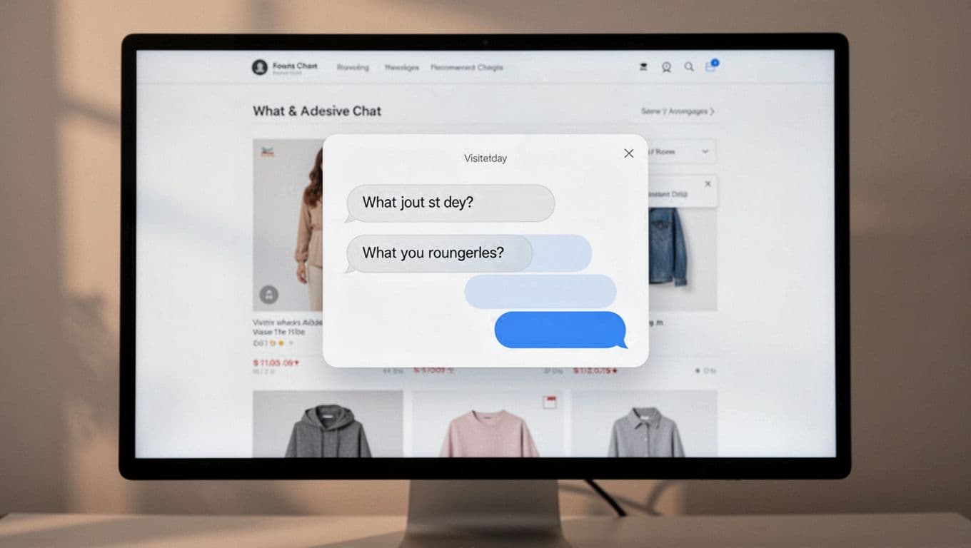 Screenshot of ecommerce product page with floating chat window displaying visitor product query and recommendation reply.