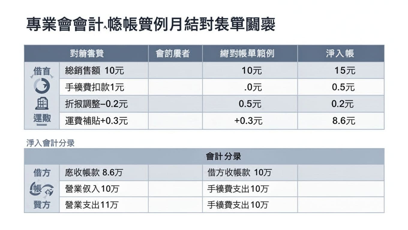 專業會計入帳表格顯示電商平台月結對帳細項，包括總銷售額10萬元、手續費1萬元、退款0.5萬元等調整，最終淨入帳8.6萬元，並附借貸方會計分錄，使用藍灰色調乾淨商務風格。