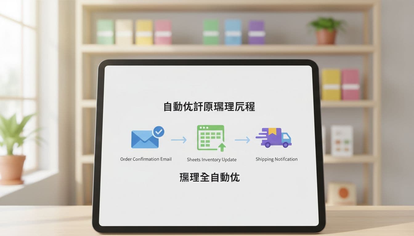 Icons depicting email order confirmation connected by arrows to Sheets inventory update on a tablet screen, with a simple e-shop background in bright natural light, illustrative style.