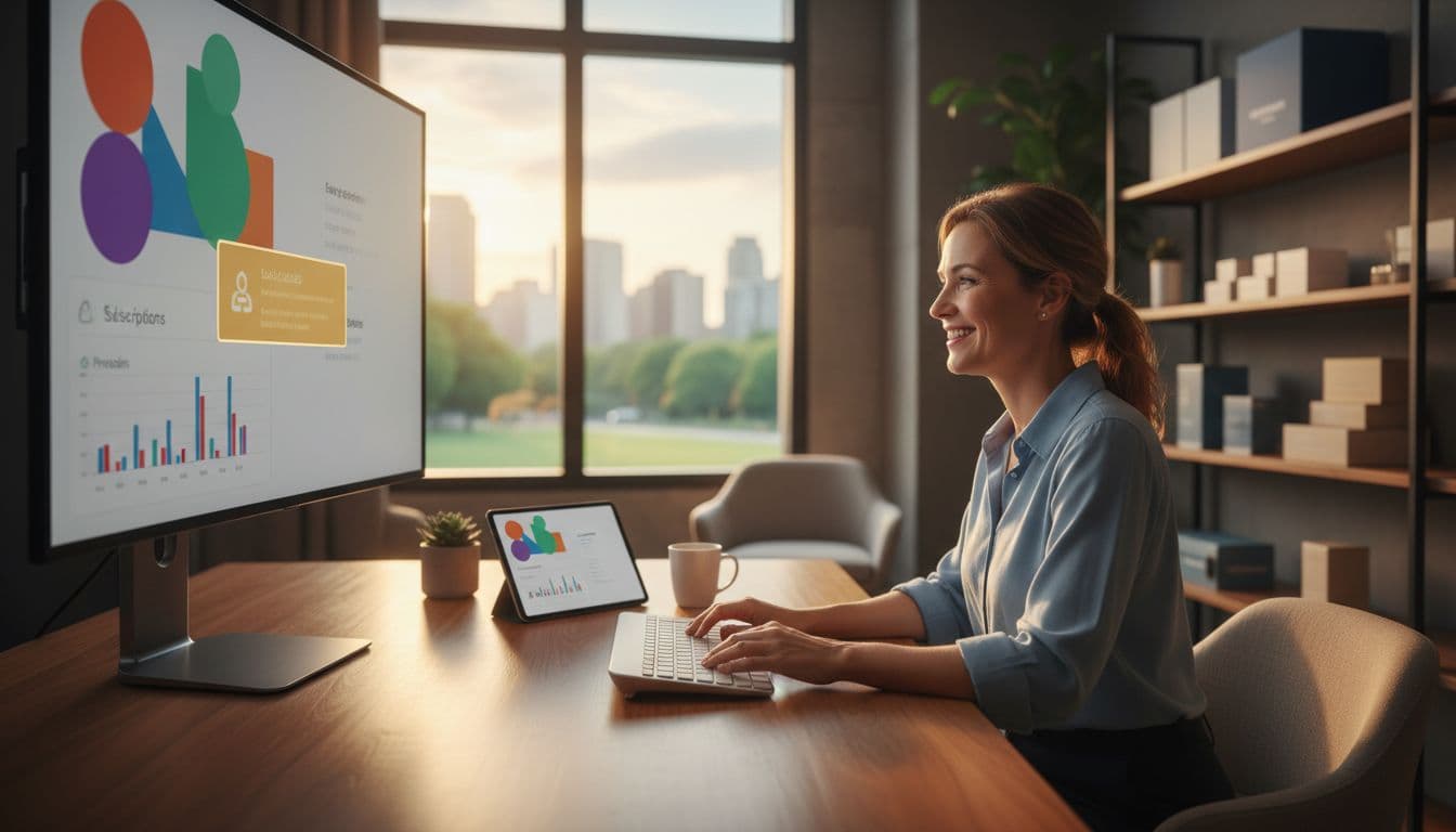 A smiling e-commerce store owner sits relaxed at a modern desk in a warm-lit office, hands loosely on keyboard, checking a sales dashboard with active subscription and preorder features. Realistic photo style featuring exactly one person, no screen text or extras visible.