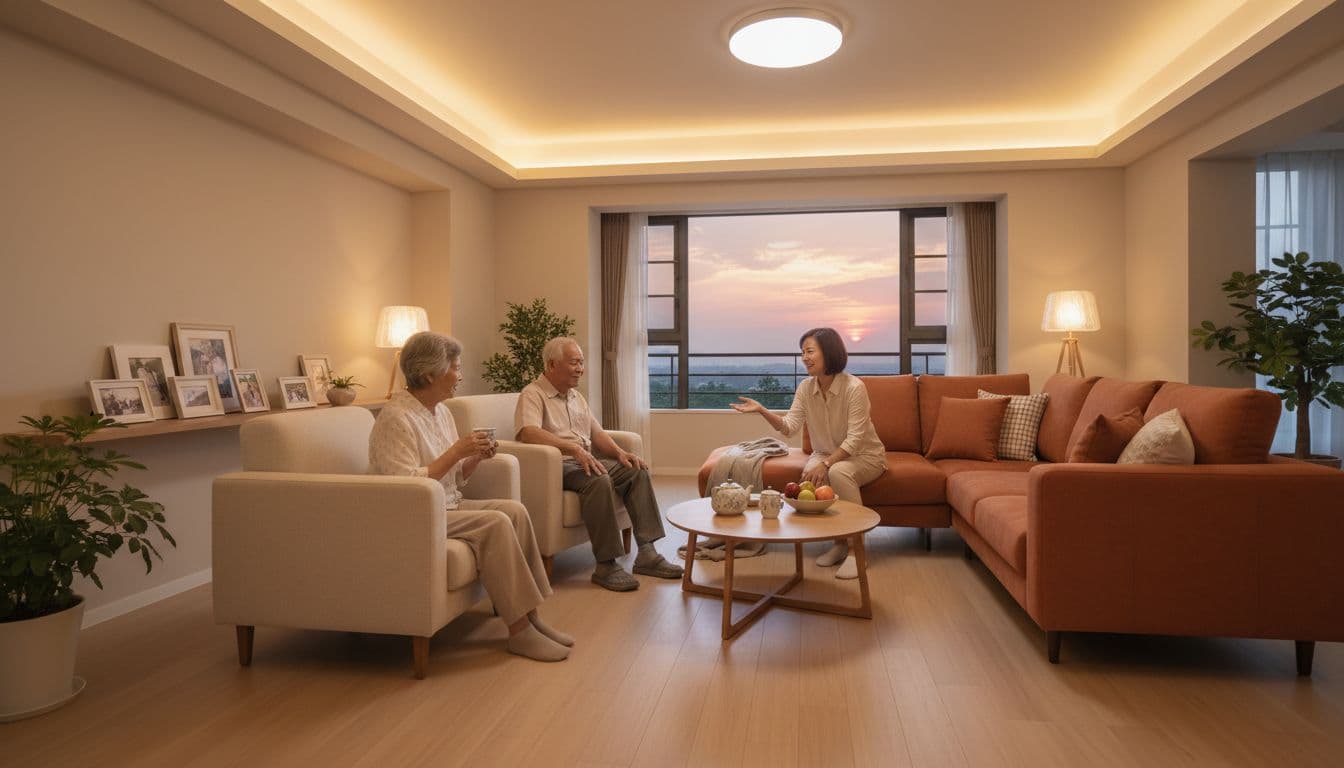 Two elderly and one adult sit comfortably in spacious accessible living room with soft lighting and sunset glow.