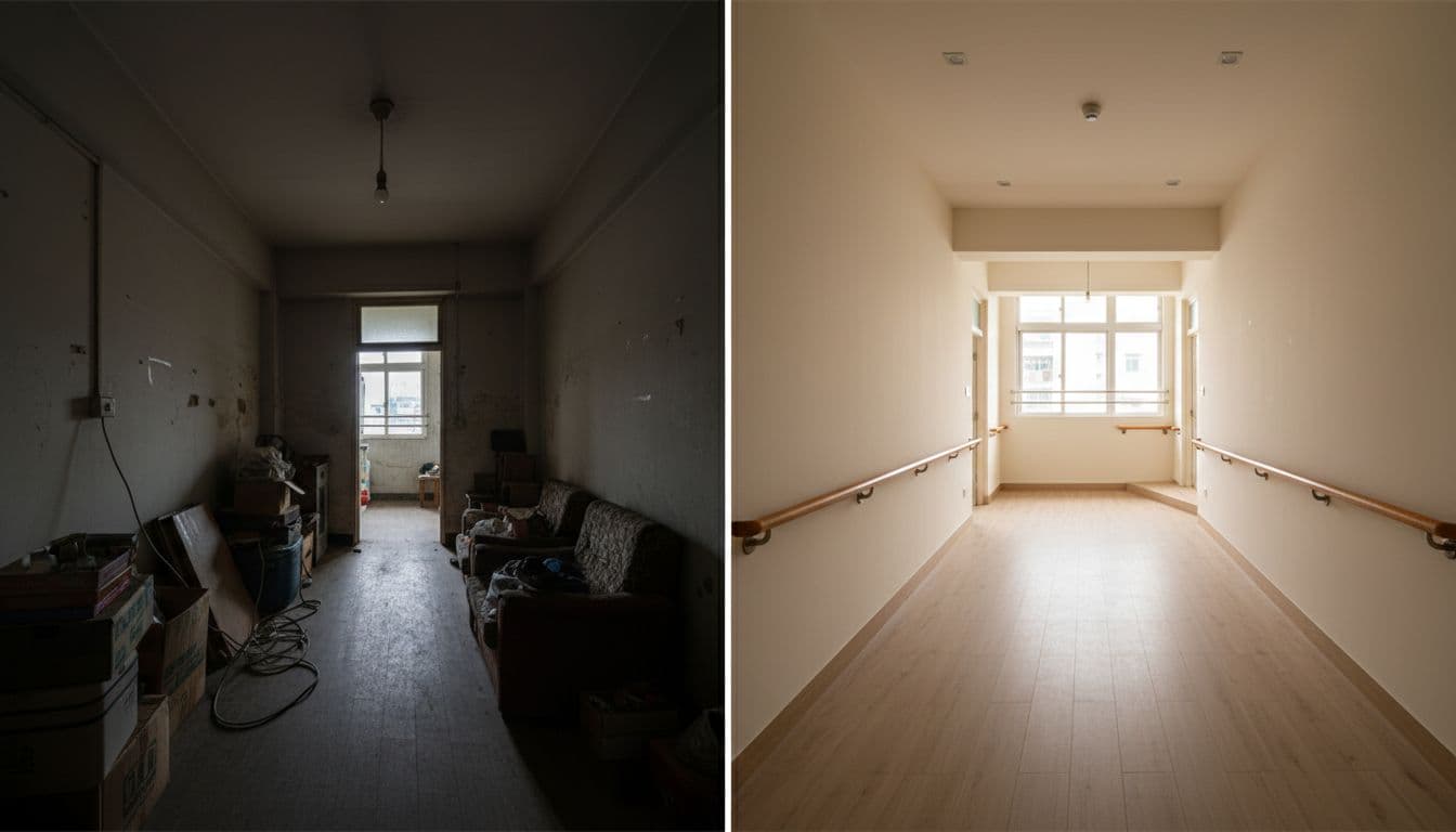 Split-screen shows dim cluttered left room with hazards next to bright right room with handrails and non-slip floors.