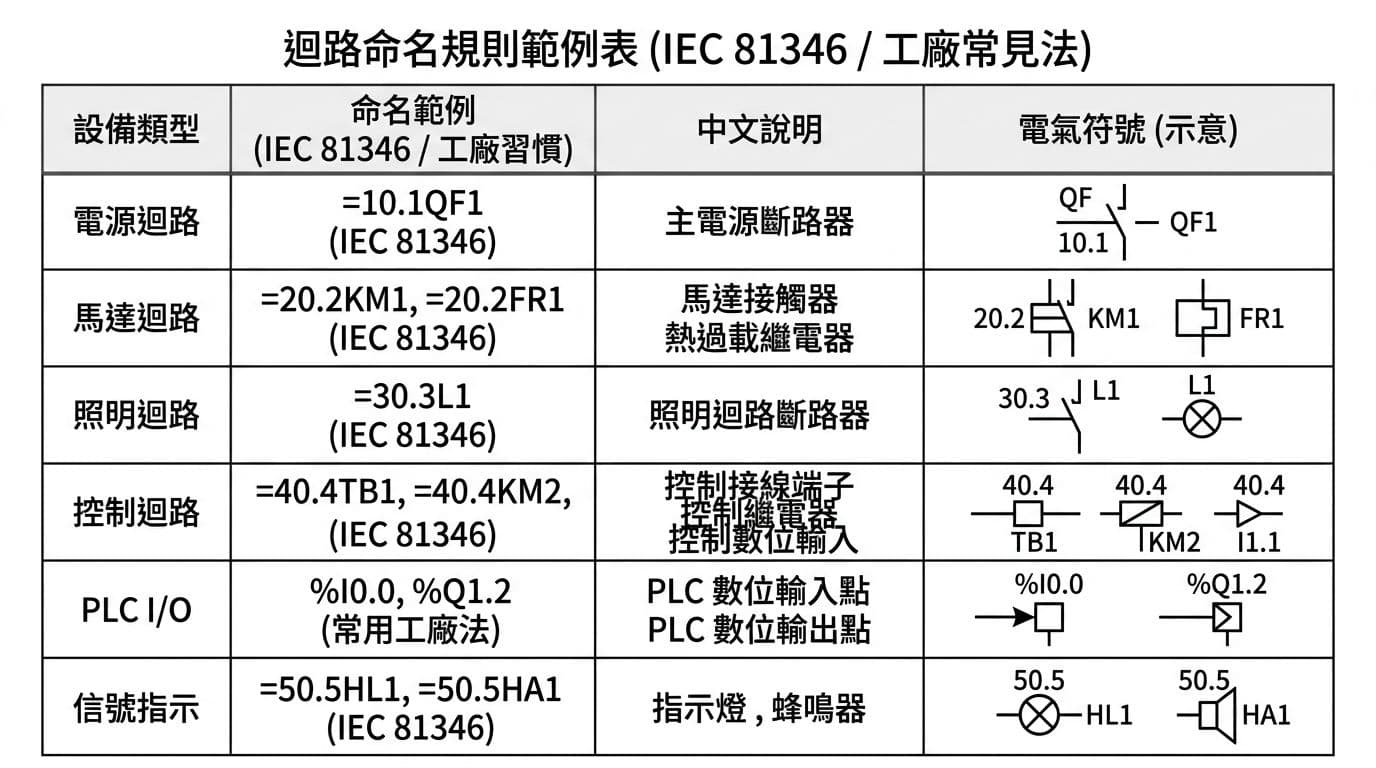 迴路命名與線號規則範例表，含QF1、KM1、FR1、TB1-1等對應中文說明
