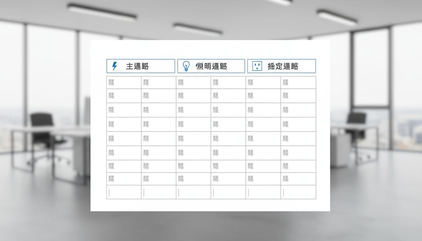 台灣辦公室配電盤迴路命名標準與貼紙範本(2026實務做法) A simple, clean template table for electrical distribution panel circuit naming stickers, listing common types like main circuit, lighting circuit, and socket circuit, with blank spaces for floor and room details. Features a white background, blurred office setting, bright professional style, showing only the structure without readable text or watermarks.