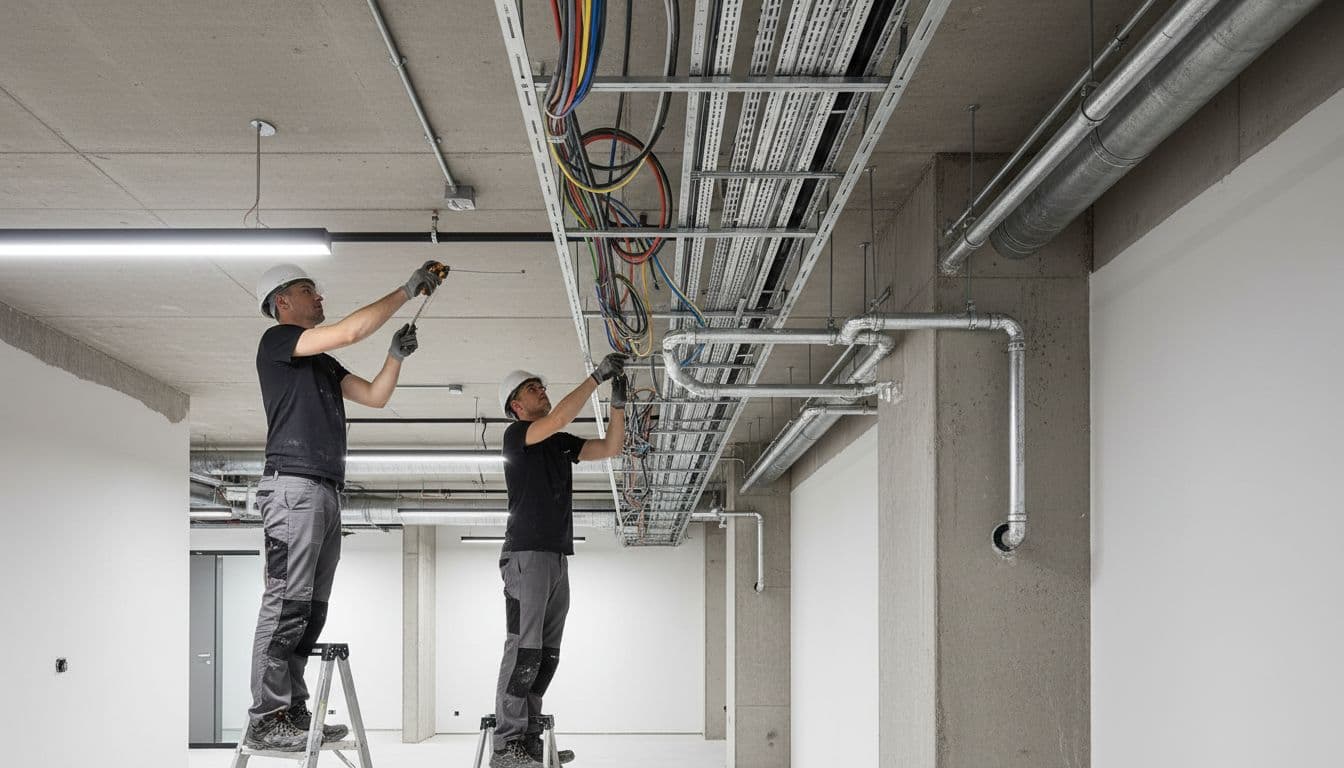 Two workers carefully replace electrical wires and water pipes during the repulling pipeline construction process, installing hidden conduits in the ceiling framework of a modern office space with sleek gray-white-black colors and minimalist tech aesthetic. Realistic record photo featuring professional bright lighting, simple poses, no extra people.
