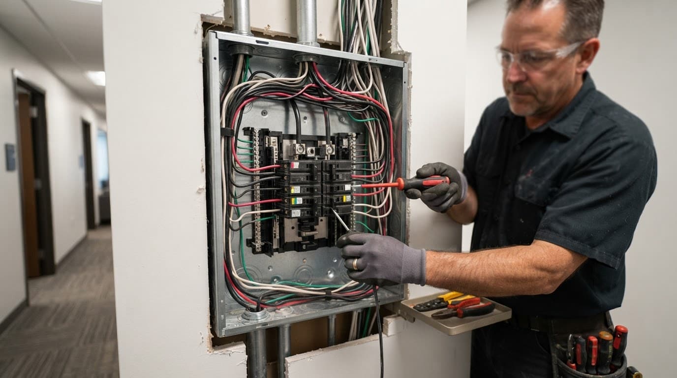 辦公室水電工程費用怎麼抓?從報價、流程到驗收一次看懂 電工正在辦公室牆上安裝電路斷路器面板與精密配線。
