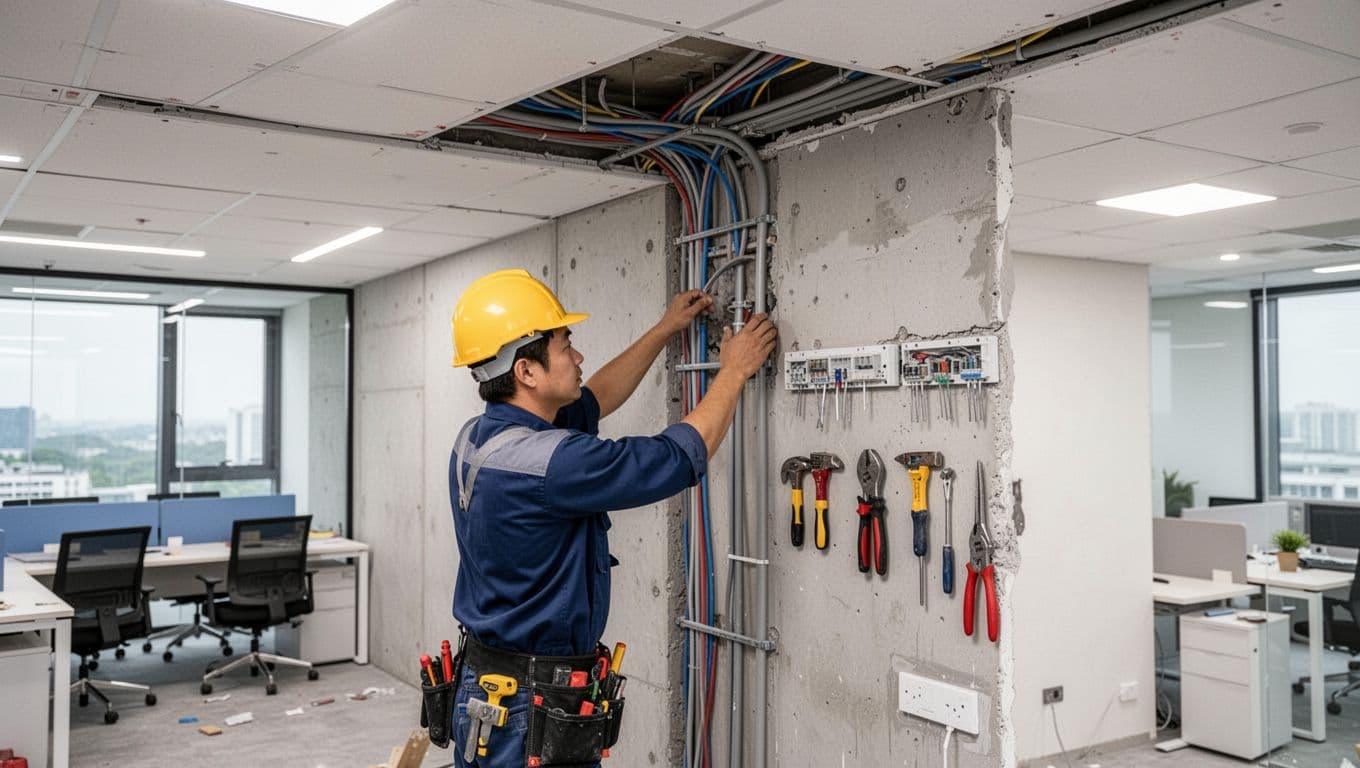 這不是咖啡廳 是把線路藏好的辦公室空間設計 A single professional electrician in safety gear installs electrical conduit pipes inside an office wall during construction, with tools neatly arranged, clean orderly site, and false ceiling for hiding wires.
