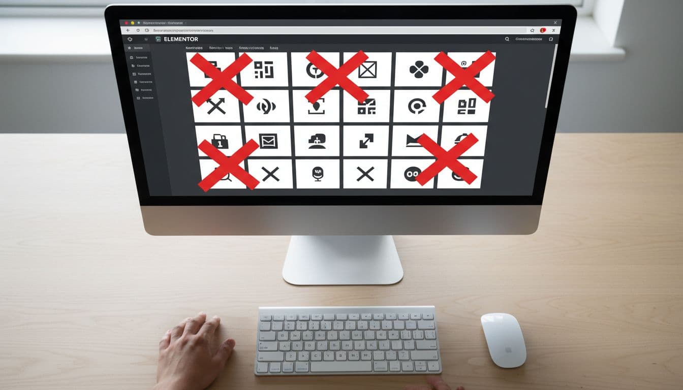 Elementor editor dashboard on computer screen with unused widgets icons crossed out in red for removal. Clean workspace viewed from above with mouse, keyboard, and relaxed hands on desk, realistic style, soft lighting.