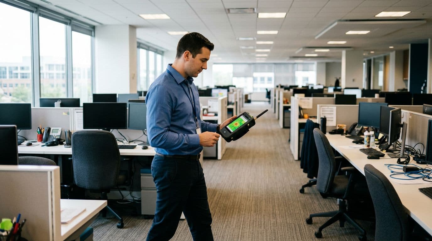 A professional engineer holds a WiFi testing instrument displaying a blurred heatmap on the screen while walking in a modern office with desks and chairs in the background. The realistic photo captures a natural light enterprise testing scene with exactly one person in a relaxed pose.