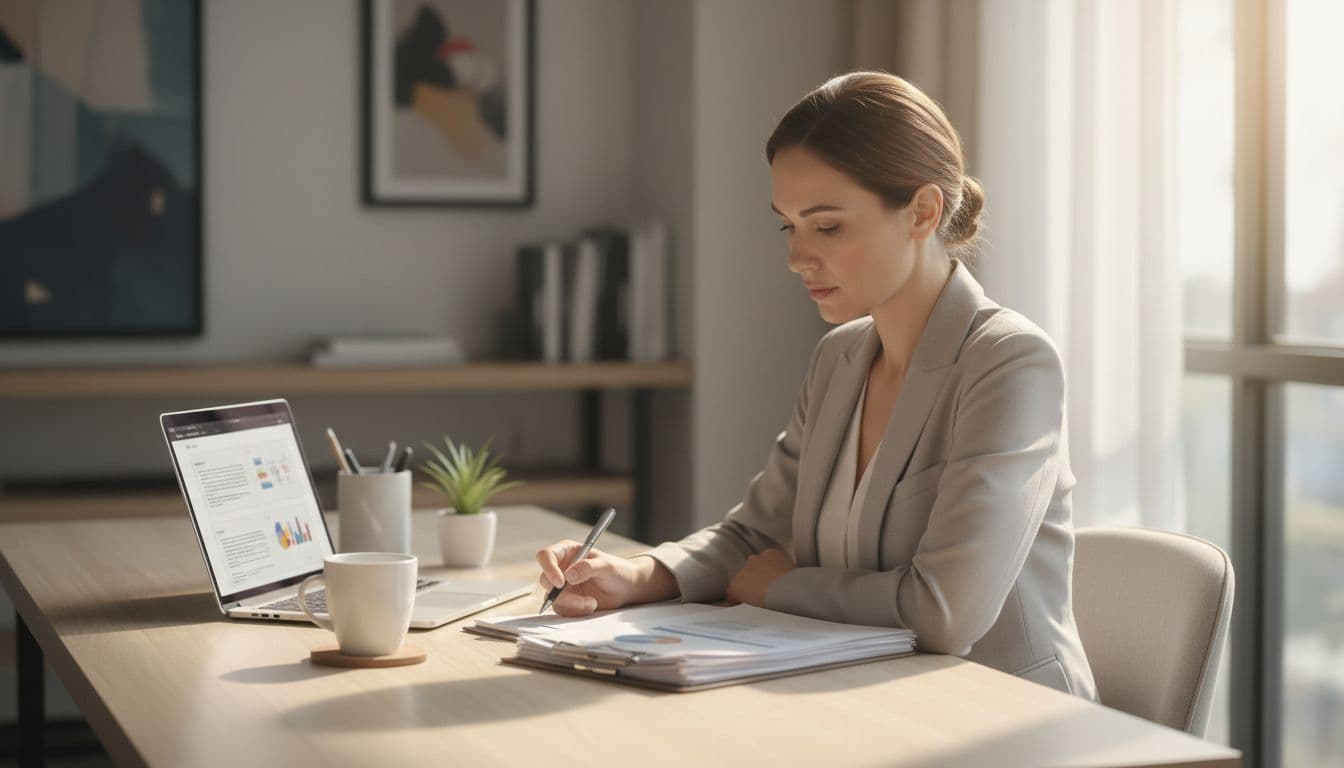 An accountant discusses business documents and tax forms with a client in a modern office.