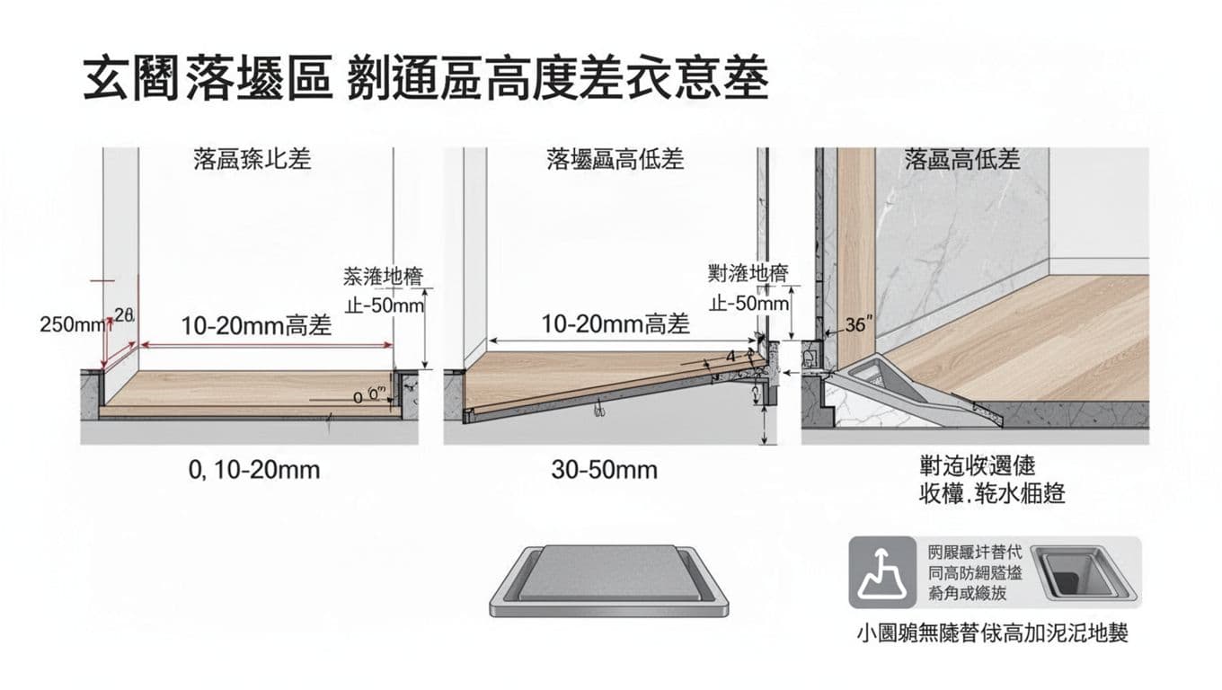 Schematic diagram comparing indoor floor and entryway dust settling zone height differences of 0, 10-20mm, and 30-50mm schemes, with waterproof edge strips, anti-trip bevels or ramps, and barrier-free alternatives featuring mud-scraping mat grooves. Clean modern line drawing on white background with soft colors, textbook-style annotations in concise sans-serif Chinese.