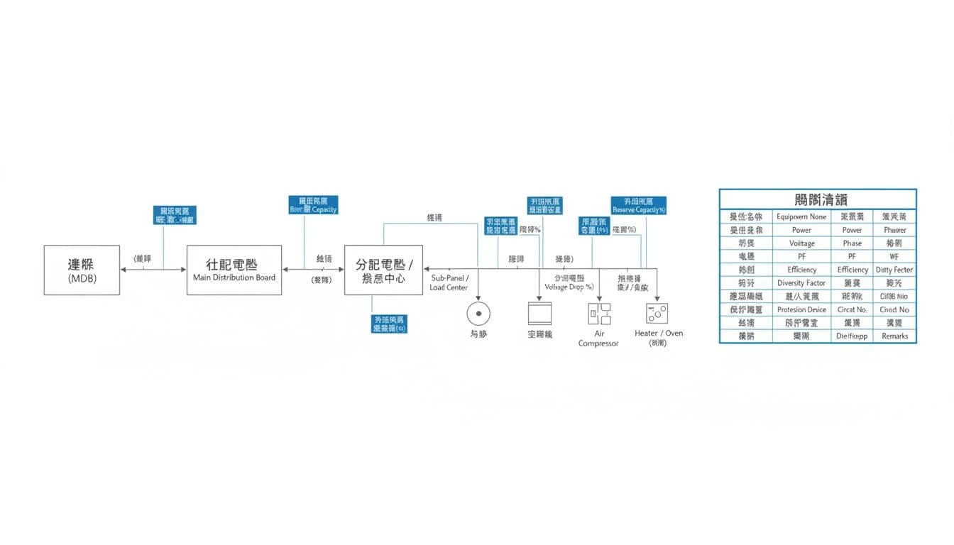 簡化單線圖展示工廠用電盤點，從變壓器經主配電盤到分配電盤及馬達、空壓機、加熱器分路，標註額定電流、斷路器、線徑、壓降等檢核點，右側附設備盤點清單表格，藍灰工程資訊圖表風格，高可讀性繁體中文。