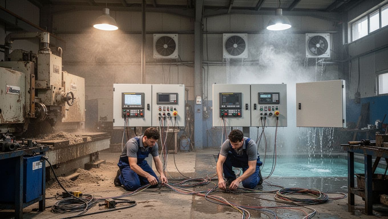 工廠控制箱 IP 等級怎麼選,粉塵與水氣差很多 Workshop interior with IP-rated control boxes on walls in dry machining and humid cooling areas, two background workers wiring nearby.