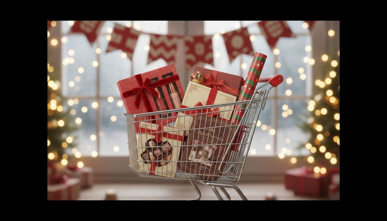 A festive online shopping cart filled with bundled holiday gift sets including cosmetics, chocolates, and wrapping paper on a WooCommerce-like interface, with warm lighting and a cozy background featuring Christmas lights and Double 11 banners.