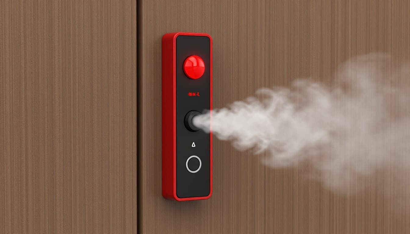 Realistic 3D rendered schematic showing office access control door automatically unlocking in fire emergency, with flashing red alarm, open door, light smoke, and control box indicating unlock status.