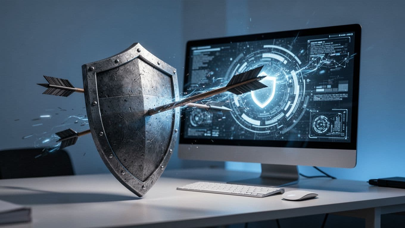 Firewall shield icon blocks hacker arrows on desktop computer screen showing security scan interface under soft blue light.