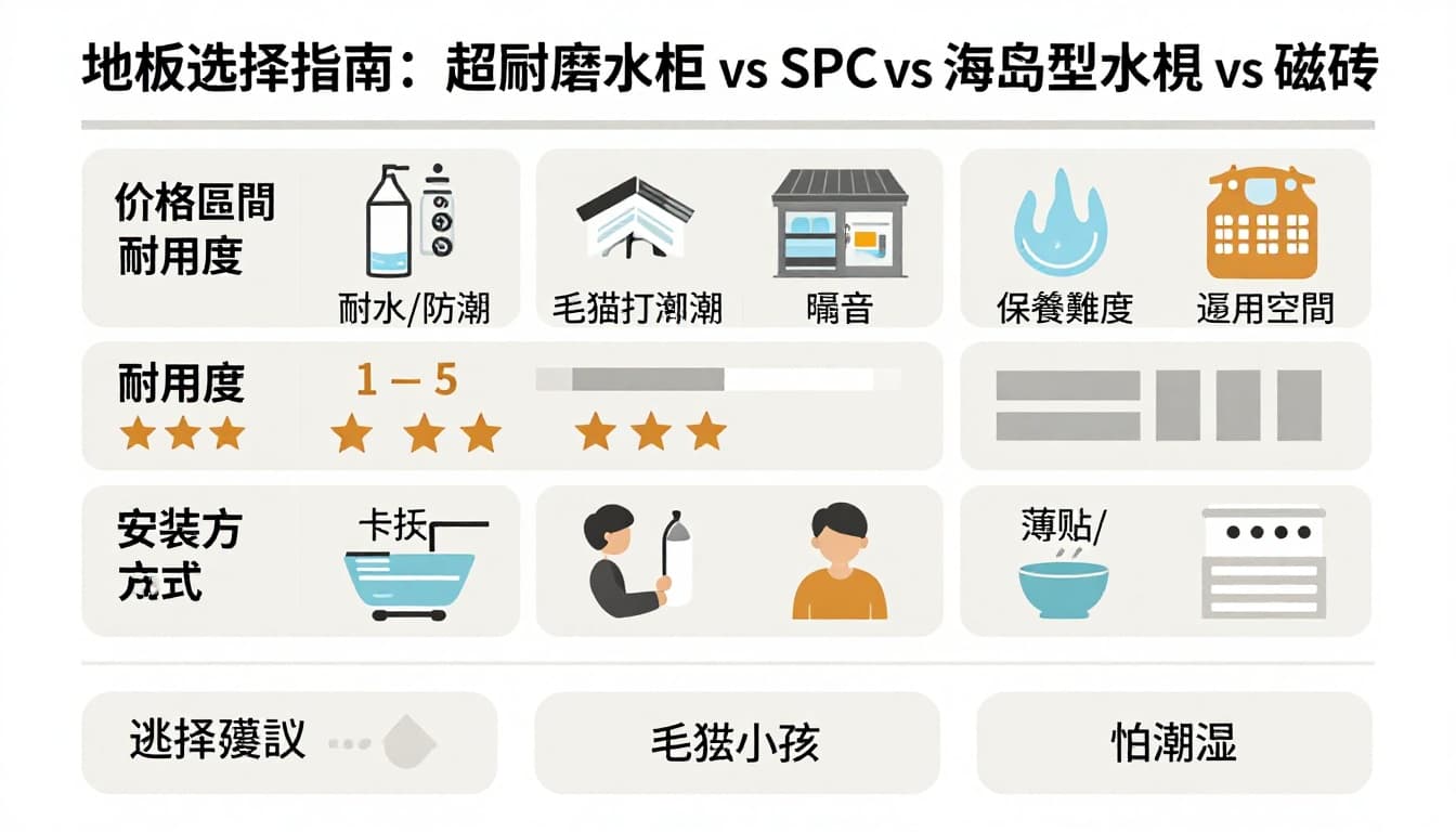 以繁體中文呈現的乾淨現代扁平化地板材質比較資訊圖表，對比超耐磨木地板、SPC、海島型木地板與磁磚在價格、耐用度、耐刮、耐水、腳感、隔音、保養難度及適用空間等多項特性，並包含防水情境、耐用度星級、安裝方式及選擇建議情境卡片。適合部落格插圖的高解析度直式海報，白色背景無多餘元素。