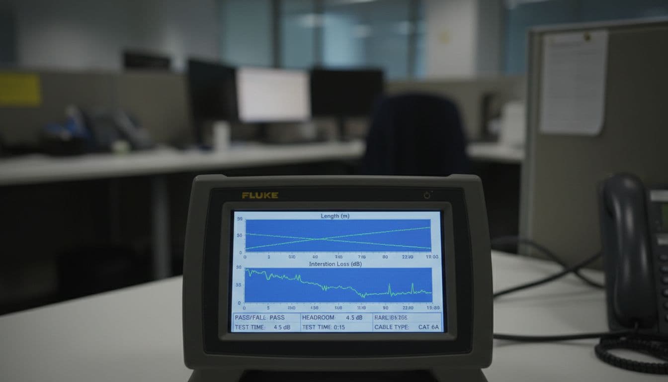 Screen display example of a Fluke network test report featuring Length, Insertion Loss, and Return Loss curve charts on an instrument interface in a blurred office environment.