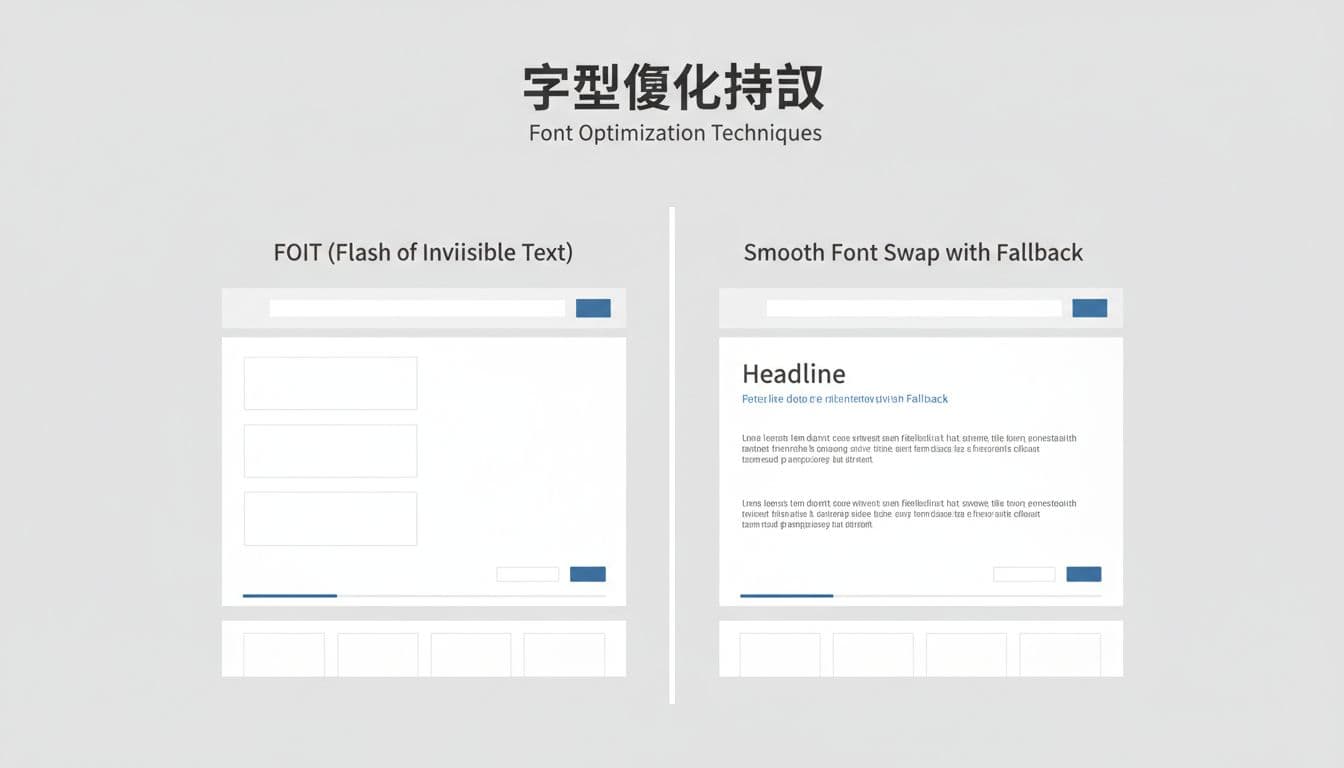Split-view webpage mockup illustrating left side FOIT blank space versus right side smooth font swap with fallback, minimalist technical style on neutral background.