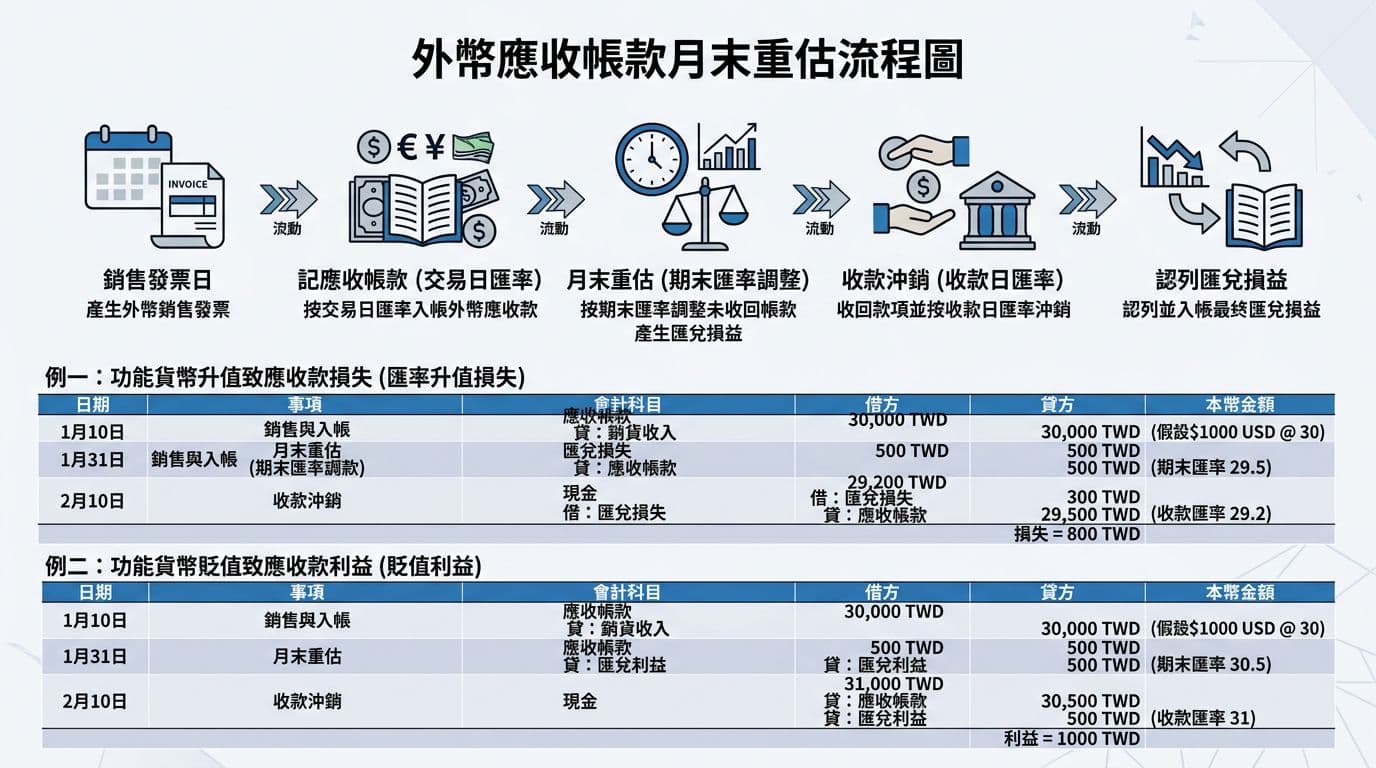乾淨商務風格的繁體中文流程圖，說明外幣應收帳款月末重估值，從銷售發票到認列匯兌損益，包含簡單圖示及兩例分錄表格，白底藍灰色調，A4橫式，高可讀性。