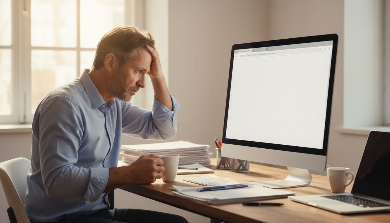 A middle-aged entrepreneur sits at his desk in a bright office, anxiously staring at a computer screen showing a website white screen error page, surrounded by coffee cups and scattered documents.