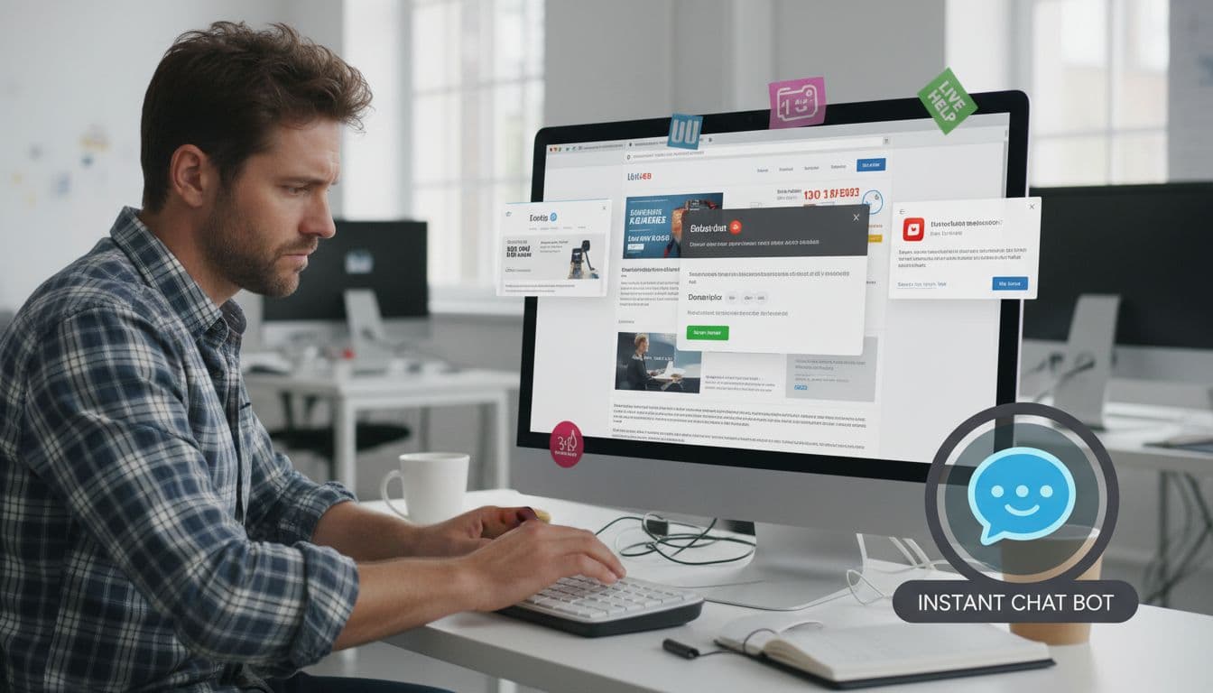 A frustrated website administrator in a bright office views a slow-loading webpage cluttered with live chat robots, multiple pop-ups, and animations on their computer. Realistic style, landscape orientation with hands loosely on keyboard.