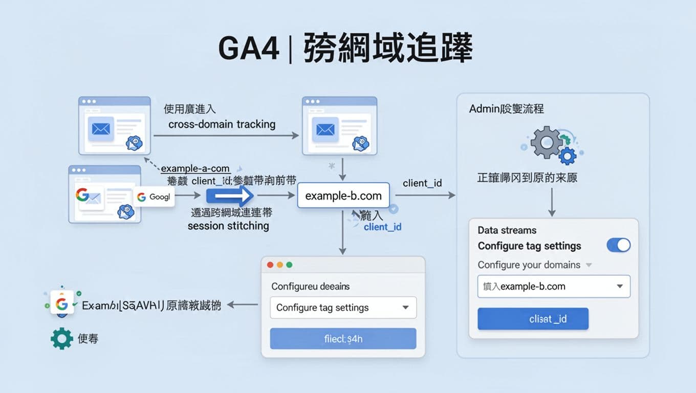 Clean SaaS-style vector infographic in Traditional Chinese interface showing GA4 cross-domain tracking: user flow from ad to example-a.com then example-b.com with client_id for correct attribution, and simplified setup steps in Admin panel.