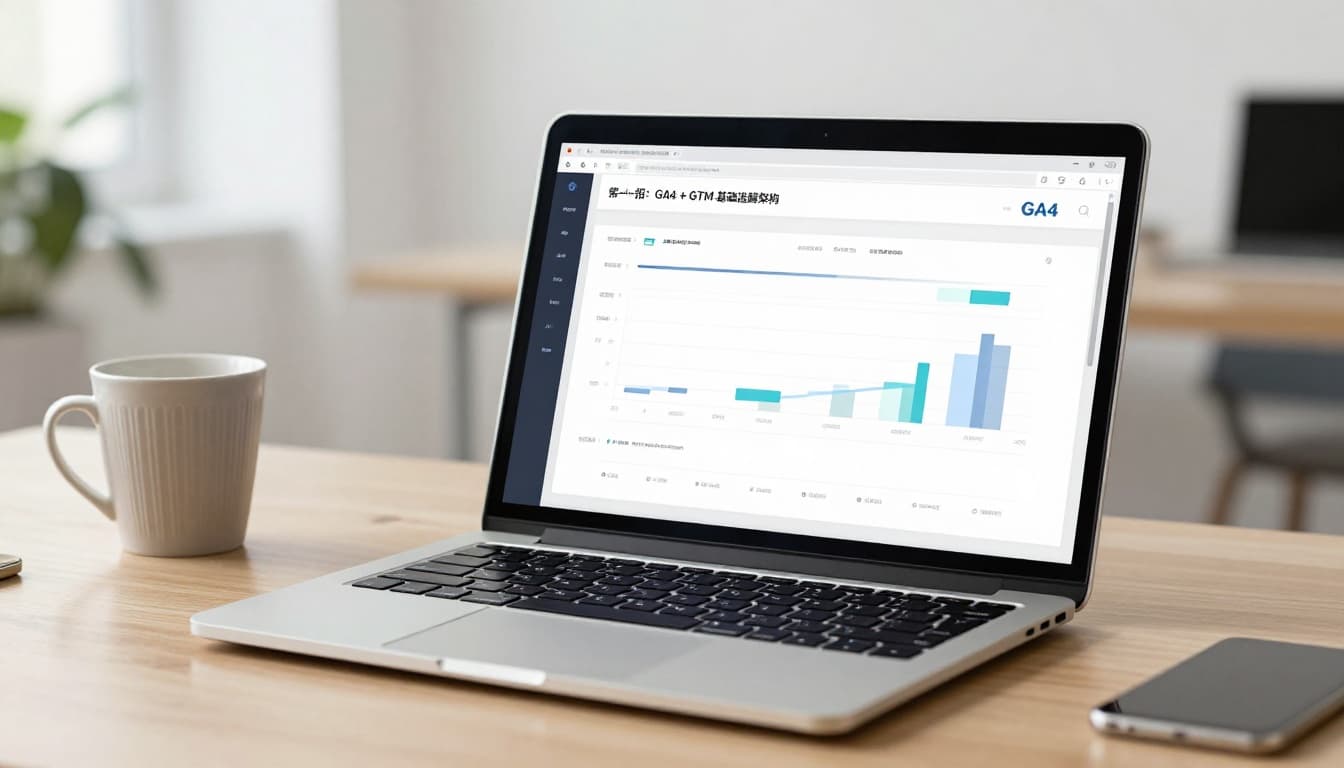 Clean office desk with angled laptop showing simple GA4 dashboard interface and user traffic charts, coffee mug nearby, natural daylight, minimalist style, no people or text.