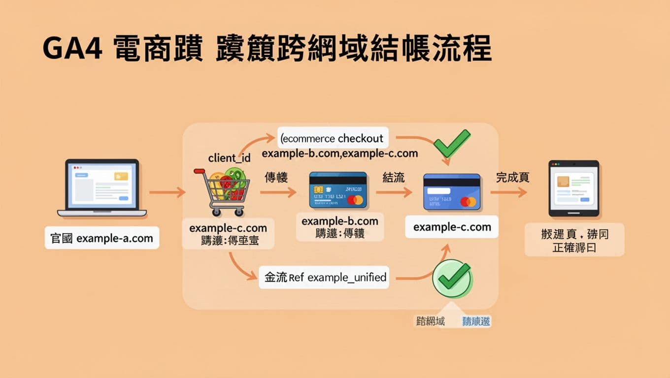 繁體中文介面的乾淨 SaaS 風格矢量資訊圖表，展示使用者從 example-a.com 官網至 example-b.com 結帳、example-c.com 金流、完成頁的跨網域流程，並確保正確歸因。包含 client_id 傳遞箭頭、ecommerce checkout 與 session_unified 標籤，以及購物車、信用卡、勾勾圖示，背景淺橙色調，一目了然的單一流程圖。