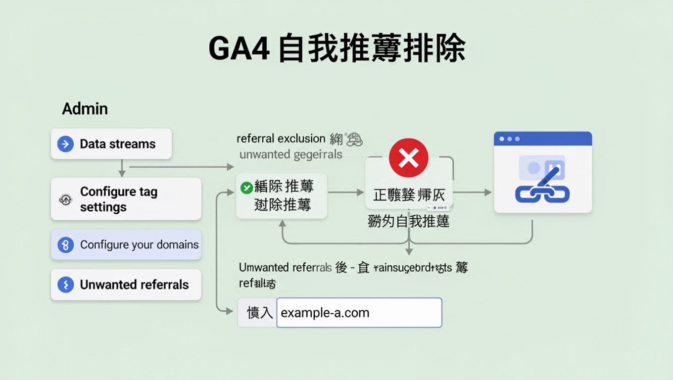 繁體中文介面的 GA4 教學插圖，顯示 Admin → Data streams → Configure tag settings → Configure your domains → Unwanted referrals 的步驟流程，用於填入排除域名如 example-a.com，避免自我推薦並確保正確歸因。乾淨 SaaS 風格矢量資訊圖表，淺綠背景，簡單單一流程圖。