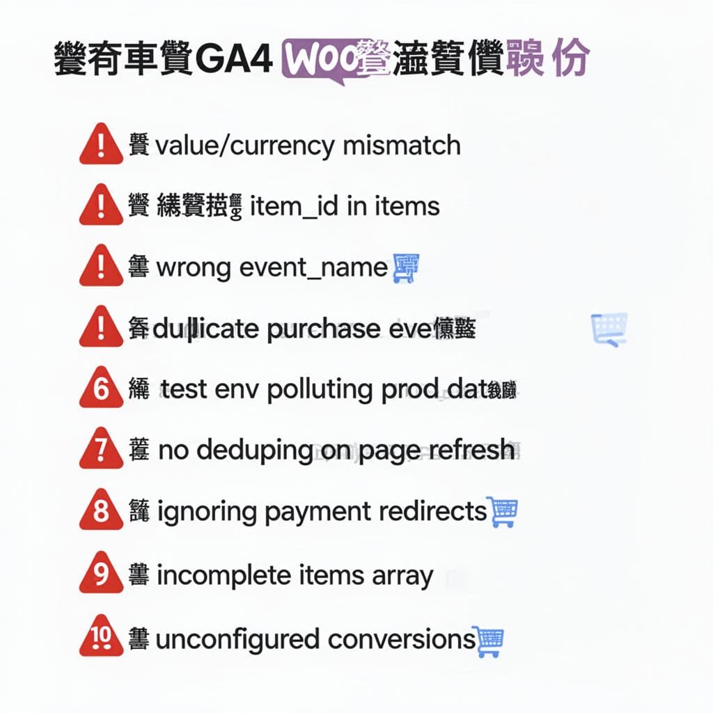 A clean, modern square infographic in Traditional Chinese listing 10 common pitfalls in GA4 WooCommerce ecommerce tracking, with red warning icons and short labels.