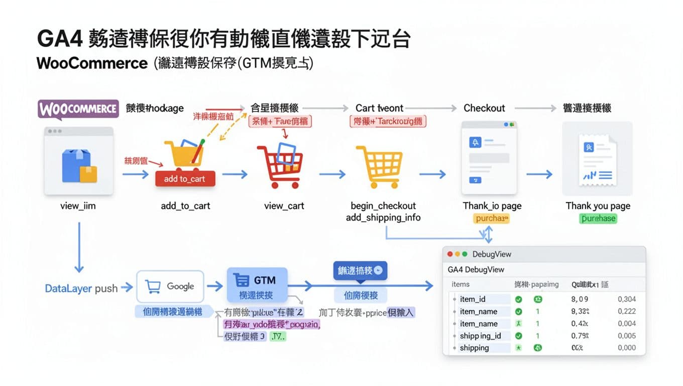 A clean, modern landscape infographic in Traditional Chinese depicting the GA4 ecommerce tracking flow for WooCommerce using Google Tag Manager, from product page events to GA4 DebugView.