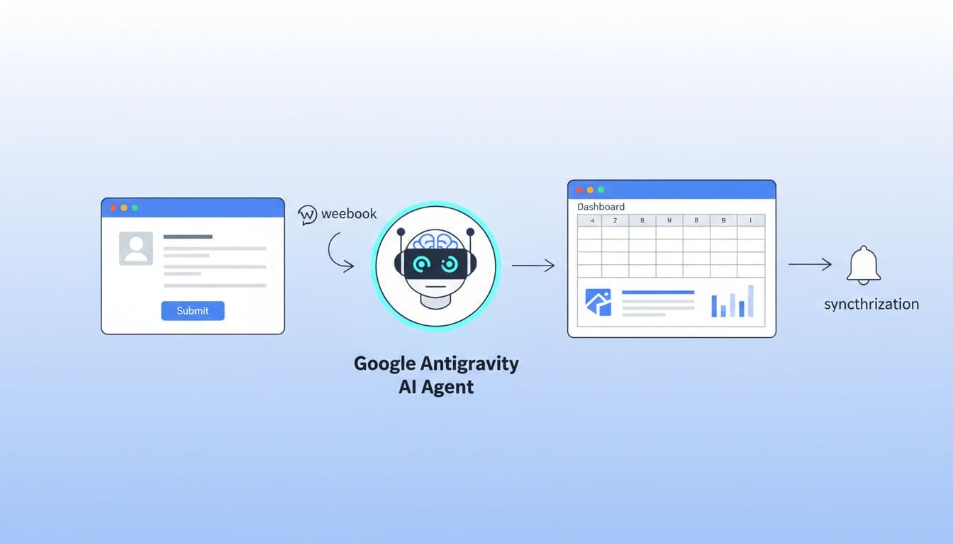 Flat tech-sense illustration depicting Google Antigravity AI Agent automating WordPress form submissions via webhook to Google Sheets synchronization and notifications, with browser controls, agent icons, flow arrows, and Sheets dashboard in a clean modern simple flow diagram composition.