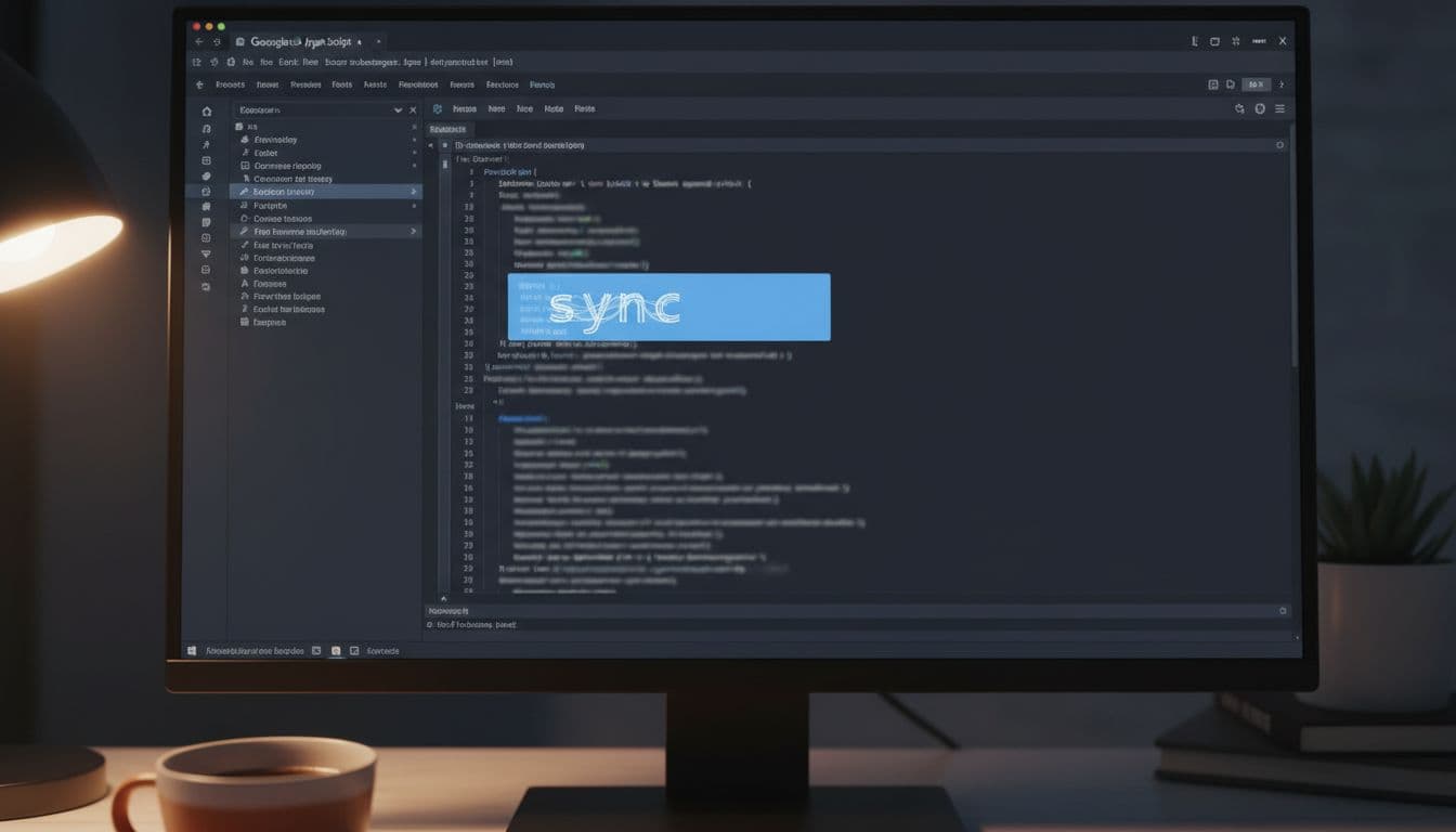 Close-up of a Google Apps Script code editor in dark theme, highlighting a simple sync function on a desk with coffee mug and soft lighting. Single screen setup without hands, readable code text, or logos.