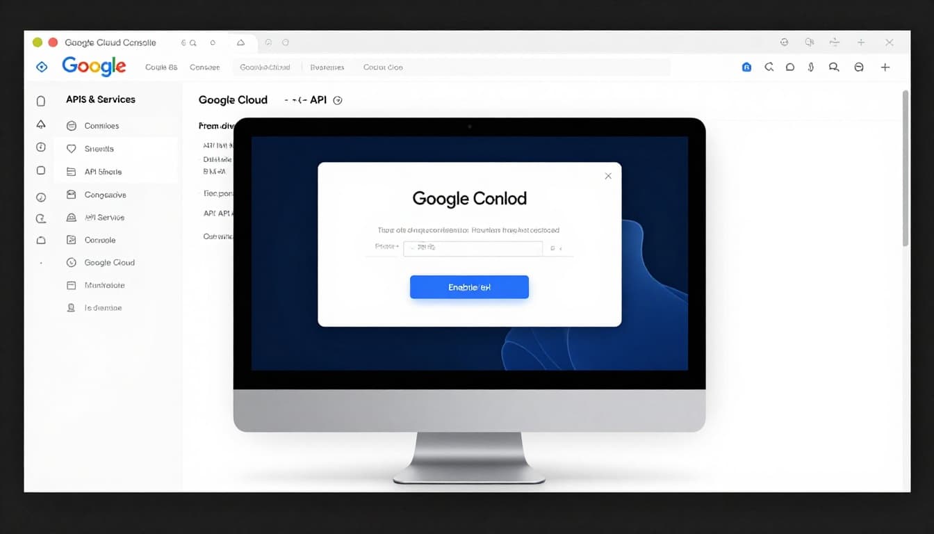 A clean screenshot-style image of Google Cloud Console dashboard showing APIs & Services section with Google APIs enabled, centered on a desk in an office setting with simple composition and realistic lighting.