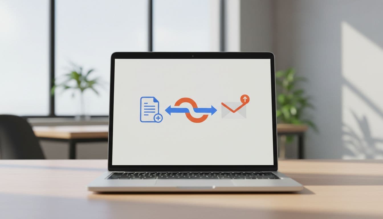 A clean digital workflow diagram on a laptop screen connecting Google Forms icon to Gmail notification arrow, set against a professional office background with soft daylight lighting in minimalist vector style.