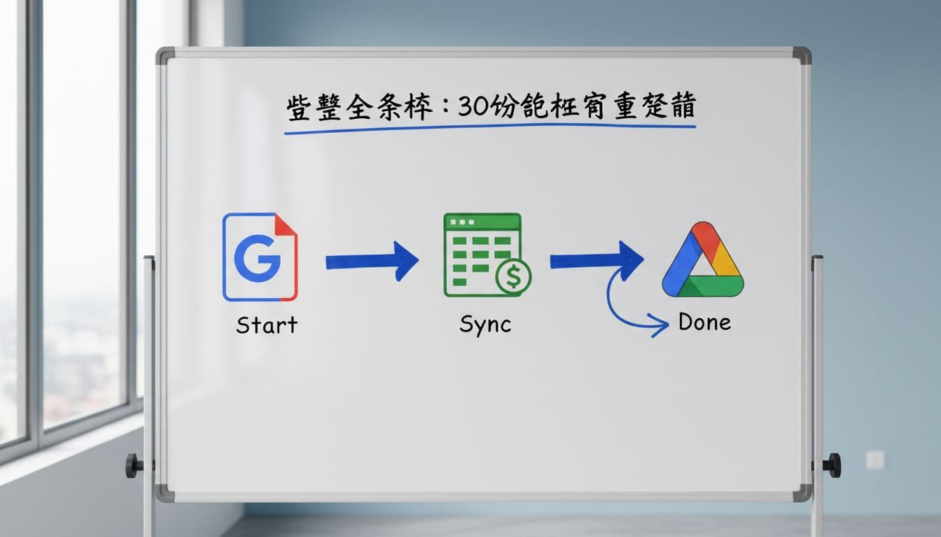 A realistic step-by-step flowchart diagram on a whiteboard in a bright room, featuring arrows from Google Form to Sheets to Drive sync with minimal icons for each service and labels 'Start', 'Sync', 'Done'.