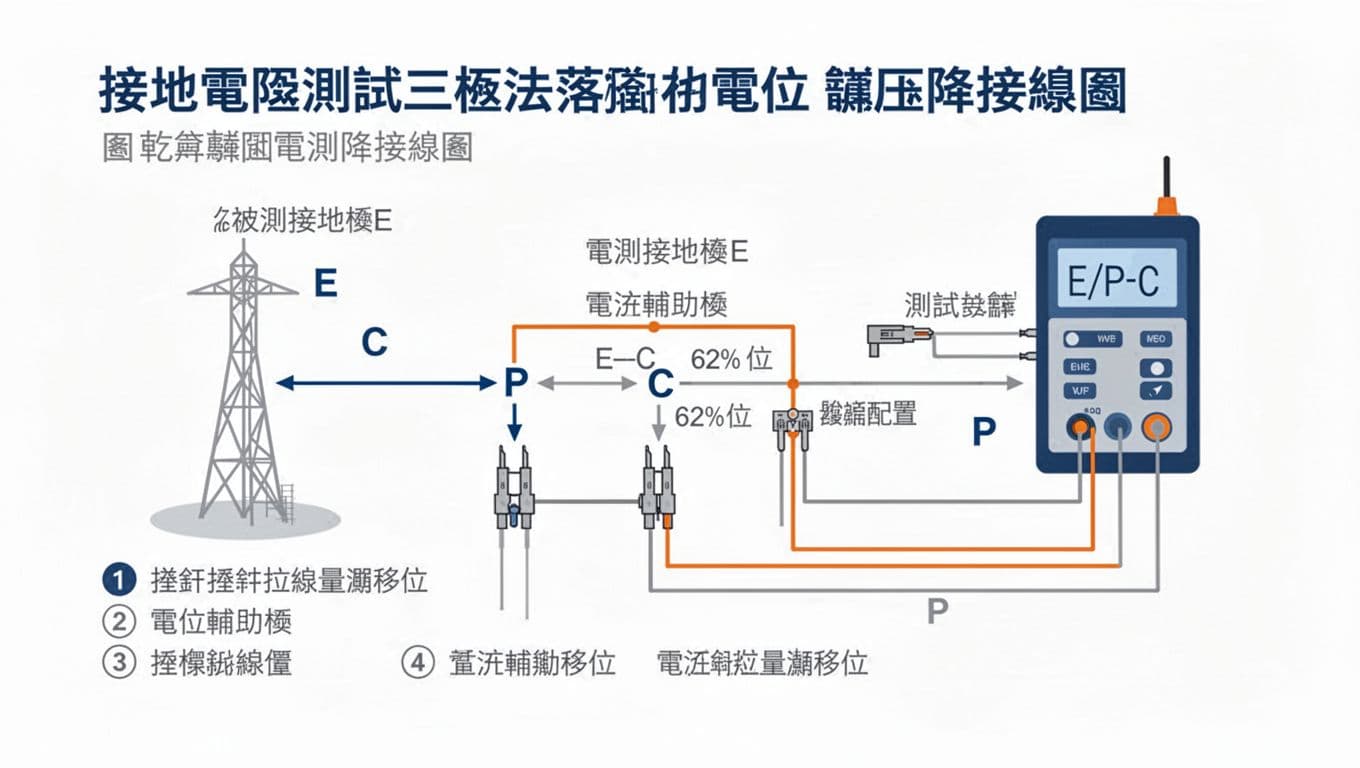 工廠接地系統規劃與接地電阻測試教學,從設計到驗收一次搞懂 乾淨專業扁平化工程示意圖,白底細線條藍灰橘配色,顯示接地電阻測試三極法(E、P、C極)落地電位電壓降接線圖,P位於E-C 62%位置,標註步驟1-4插針拉線量測移位,繁體中文清晰標註,landscape畫面。