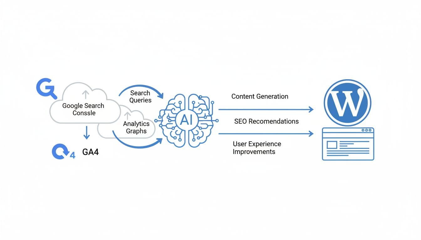Simple infographic diagram showing data flow from Google Search Console (GSC) and GA4 into a WordPress site, connected by an AI brain icon with search queries, analytics graphs, and content generation arrows in soft blue tones on white background.