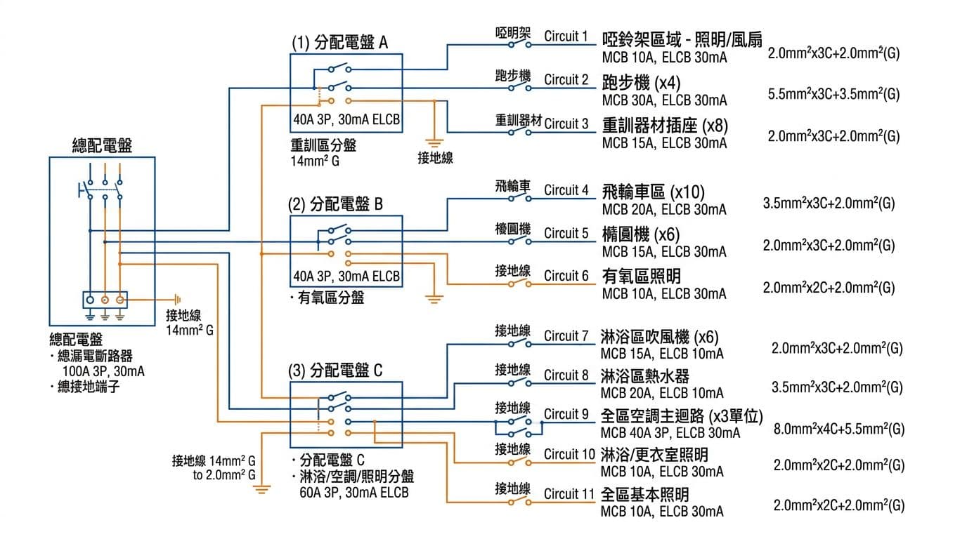 商用健身房用電規劃實務:重訓有氧淋浴熱水配置關鍵 Detailed schematic diagram of electrical wiring in a gym, showing circuits for weight training area with dumbbell racks and treadmills, cardio area with spin bikes, shower area with hair dryers and water heaters, plus air conditioning and lighting, from main switchboard to sub-panels with labels for breakers, grounding, wire sizes, and capacities in engineering style with Chinese labels.