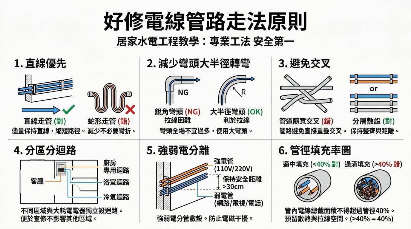 電線管路怎麼走才好修:明管暗管選擇與檢修孔設計要點 以繁體中文居家水電工程教學風格的資訊圖表,介紹電線管路走法原則,包括直線優先、減少彎頭大半徑轉彎、避免交叉、分區分迴路、強弱電分離及管徑填充率等內容。乾淨白底線稿設計,搭配藍橘灰配色,箭頭與簡單標註。