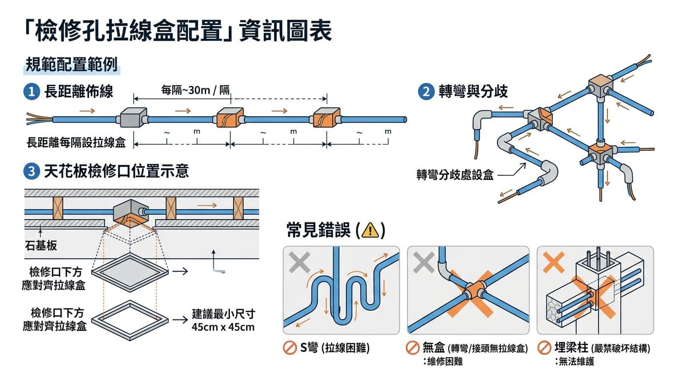 電線管路怎麼走才好修:明管暗管選擇與檢修孔設計要點 乾淨白底線稿風格的居家水電工程教學圖表,示意拉線盒在長距離、轉彎分歧及天花板檢修口的位置配置,並標註常見錯誤如S彎、無盒及埋梁柱。