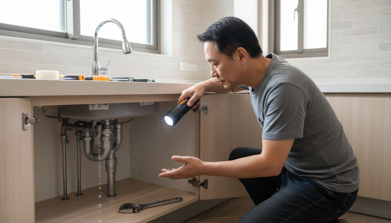居家DIY水電修繕教學 從安全檢查到該找師傅的分界 A homeowner in casual clothes carefully checks a leaking faucet under the kitchen sink with a flashlight, wrench nearby, water drops on pipe, in a modern Taiwanese home kitchen with tools on counter and bright daylight.