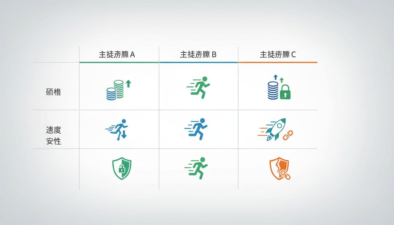 Three side-by-side panels compare hosting plans using icons for price, speed, and security on bright background.