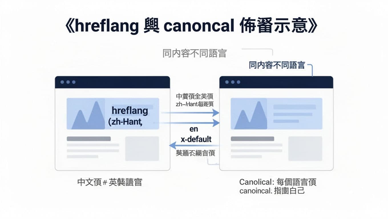 WordPress多語系網站怎麼做,中文英文SEO, hreflang, 網址結構的選擇 此資訊圖顯示中文(zh-Hant)與英文(en)頁面互相使用 hreflang 參照及 x-default,並各自 canonical 指向自身,強調同內容不同語言的多語言 SEO 佈署。乾淨扁平化設計,適合部落格文章使用。