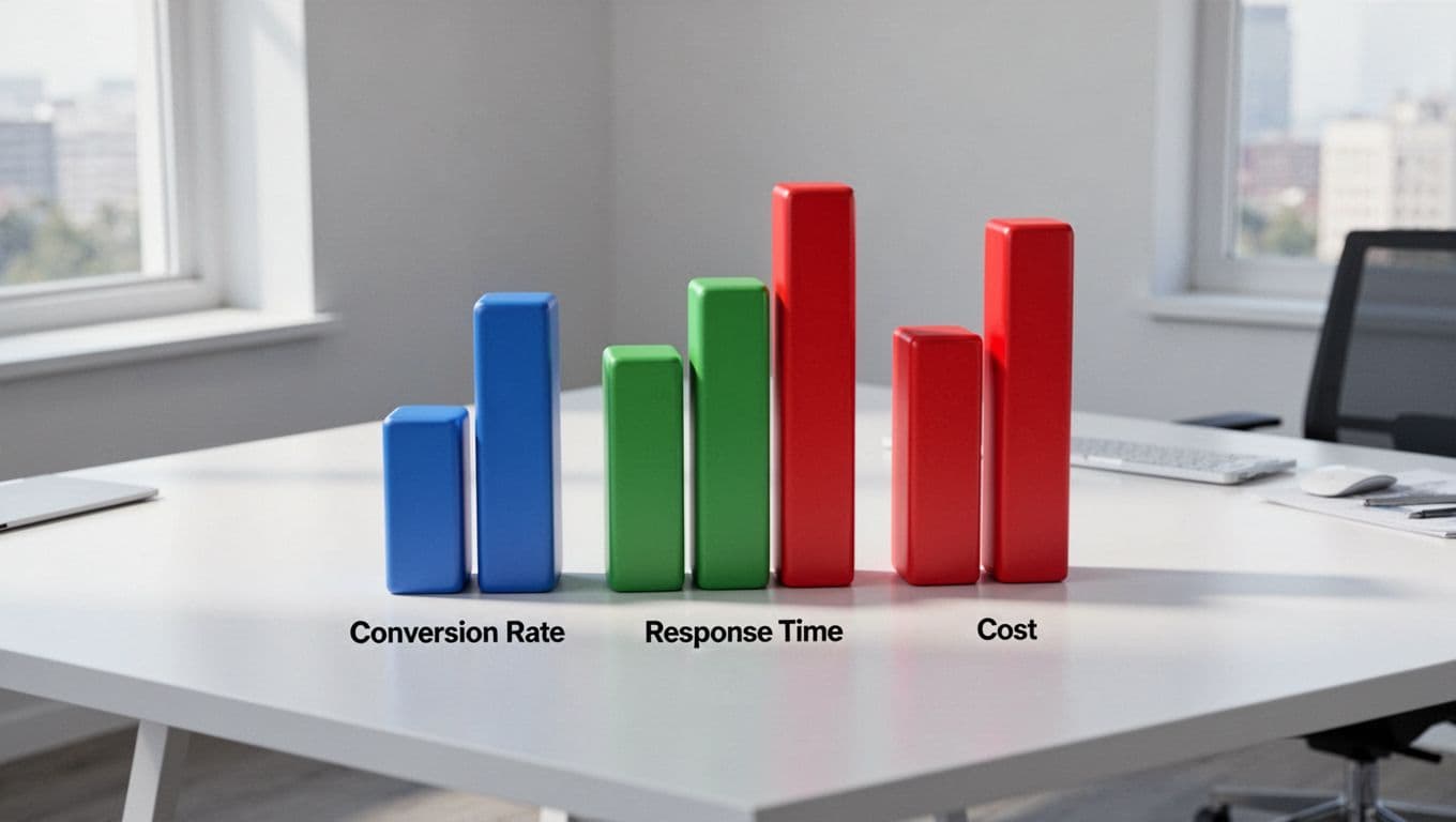 3D bar chart on white office desk compares conversion rates, response times, and costs for human sales, chatbots, and AI.