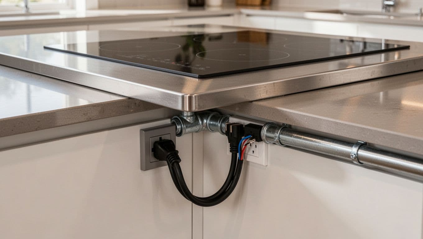廚房翻新水電指南:IH爐洗碗機與淨水器配置重點 Close-up of IH induction cooktop installation in a sleek modern kitchen, showing dedicated electrical outlet, thick cable under the cooktop base, precise wiring in conduit on stainless steel countertop.