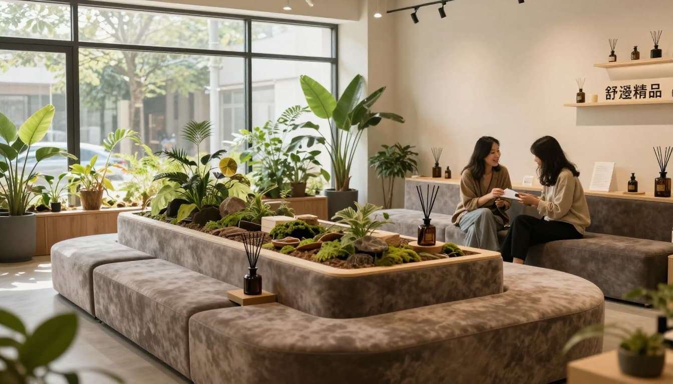 Comfortable boutique immersive space with velvet seating area, aroma diffuser, storytelling product displays, natural light from large windows, plants and textured materials, two customers calmly interacting in realistic photography style.